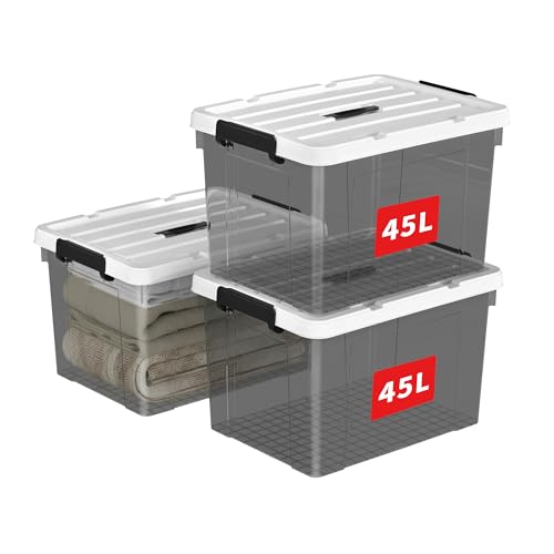 Cetomo 45L*3 Storage Boxes, Carry Plastic Storage Box with Lids, Organizing Container with Handle and Secure Latching Buckles, Stackable, Nestable, Tote Bin for Home Clothes, 45L-3Pack, Clear Black