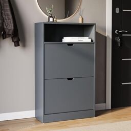 Vida Designs 2 Drawer Shoe Cabinet with Shelf - Grey - Slim Space-Saving Storage for 10+ Pairs - 97H x 60W x 24D cm - Anti-Tip - Modern Hallway Unit