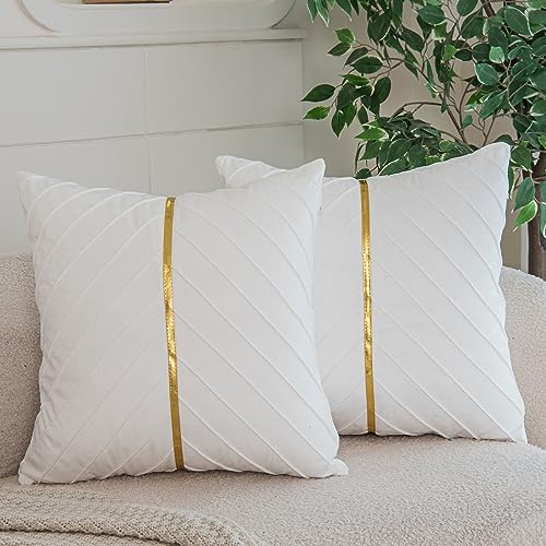 WACOMECO Velvet Throw Pillow Covers, Pack of 2 Soft Gold Decorative Cushion Covers for Couch Sofa Living Room Home Decoration, White, 18x18 inch