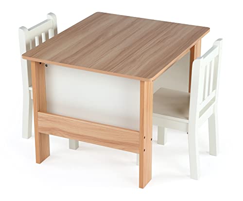 Humble Crew Kids Wooden Table and 2 Chairs Set with Built-In Book Storage for Children and Toddlers - Square Activity Table & Chair Set for Arts, Crafts and Snack Time - Natural/White