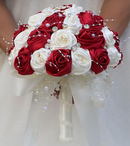 "Mhojpik Bridal Wedding Bouquet Round Bling Brooch Bouquet Throw Toss Artificial Rose Flower Bunch for Bride Bridesmaid Wedding Quinceanera(Ruby Red & Ivory, 7.5"")"