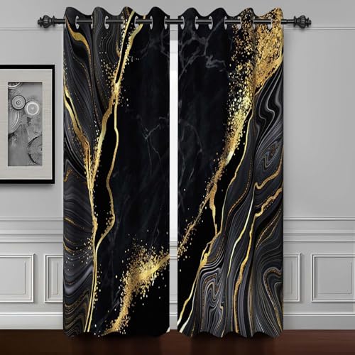 "Luxury Black Gold Marble Blackout Curtain 80 inches Long,2 Panels 28""Wx80""L - Room Darkening Window Curtains,Polyester Thermal Insulated Drapes,Grommet Window Drapes,for Bedroom Living Room Dining Room"