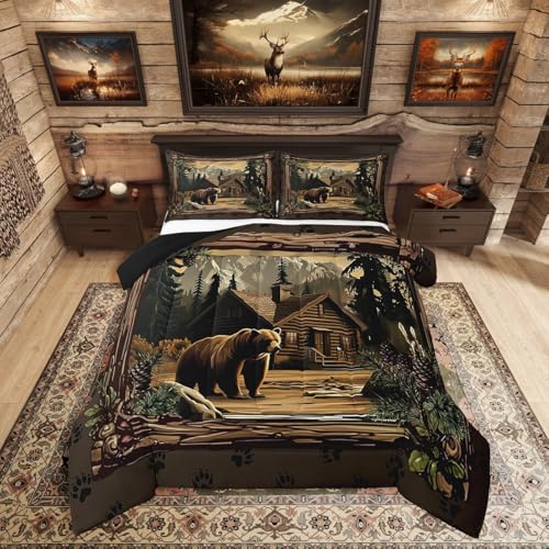 Erosebridal Rustic Cabin Bedding Sets Twin Hunting Wild Bear Comforter Set Country Farmhouse Lodge Down Comforter for Kids Boys Adults Men Retro Woodland Mountain Pine Tree Leaves Quilt Duvet