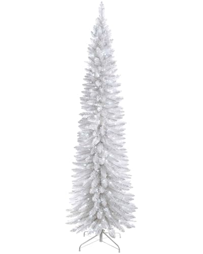WeRChristmas Pre-Lit Pencil Christmas Tree with 180 LED Lights, 6.5 feet/1.95 m - 25 x 25 x 213 cm, White