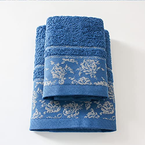 Jenny Sesal - Eleganza Cotton: Ada Towel Set with Jacquard Frill - Perfect Sizes for Bathroom and Guest - Softness and Style with Every Drying (Blue)