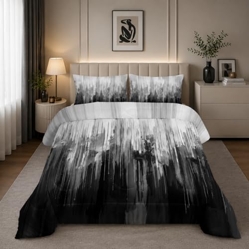 Nttopship Grey Black White Gradient Print Comforter Set Full Size,Abstract Art Bedding Set,Patchwork Printed Quilted Set for Teens Adult,with 1 Comforter and 2 Pillow Case