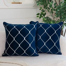 WACOMECO Silver Throw Pillow Covers, Pack of 2 Soft Velvet Decorative Cushion Covers for Couch Sofa Home Decoration, Navy Blue, 20x20 Inch