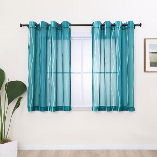 L.Z.E Teal and White Sheer Curtains 45 Inch Length for Kitchen Small Windows 2 Panels Set, Short Voile Sheer Curtains & Drapes for Dining Room, Grommet Wave Pattern Window Sheers (LZE2212E-TLW45)