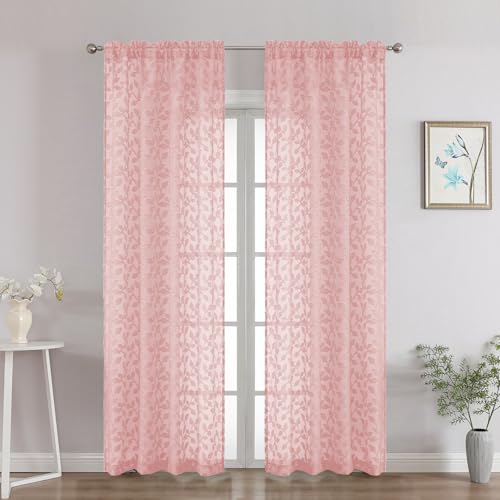 "Chyhomenyc Blush Pink Sheer Curtains 84 Inch Length 2 Panels Set, Light Filtering Tufted Textured Soft Airy Rod Pocket Gentle Leaf Window Treatment Drapes for Bedroom Living Room, 42"" Wx84 L, 2PCS"