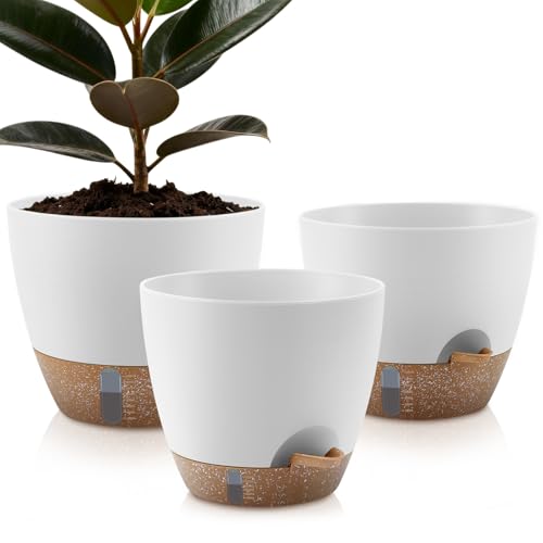 QRRICA Plant Pots 12/10/9 Inch Self Watering Pots, with Drainage Holes and Saucers,Water Level Indicator & Deep Reservoir,Large Plastic Planter for Indoor Out Door Plants (White)