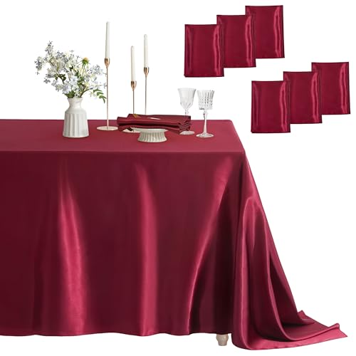 Counfeisly 6 Pack Satin Table Cover Rectangle, 60 x 102 Inches, Burgundy - Silky Soft Table Cloth, For Wedding Banquet Table Decoration, Dining Room, Indoor and Outdoor Use