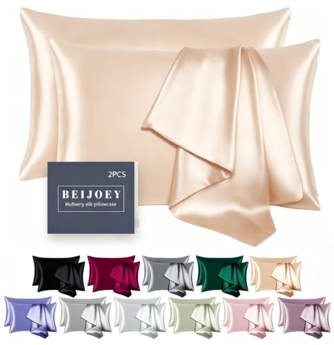 BEIJOEY 100% Mulberry Silk Pillowcase Set of 2 for Hair and Skin,with Hidden Zipper,Both Sides 19 Momme 600 Thread Count Natural Silk Pillow Cover,Soft Breathable Smooth (Buff Beige, King 20''x36'')