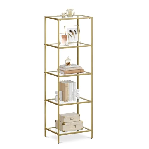 VASAGLE 5-Tier Glass Shelf, Bookshelf, Storage Rack, Tempered Glass, Easy Assembly, for Bathroom, Living Room, Bedroom, Office, Metallic Gold LGT029A01