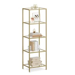 VASAGLE 5-Tier Glass Shelf, Bookshelf, Storage Rack, Tempered Glass, Easy Assembly, for Bathroom, Living Room, Bedroom, Office, Metallic Gold LGT029A01