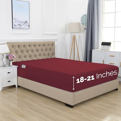 Elegant Comfort 1500 Premium Hotel Quality 18-21 Inches Deep - Extra Deep Pocket Single Fitted Sheet for High Mattress, Luxury and Softest, Smart Pocket - Wrinkle Free, Queen, Burgundy