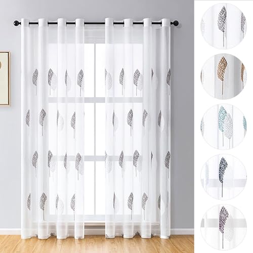 BYSURE Set of 2 curtain leaves embroidery with eyelets, voile, floral curtains, 140 x 145 cm, grey