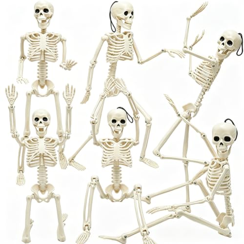 6 Packs Halloween Skeletons, 16 Inch Posable Skeletons Halloween Decorations with Movable Posable Joints, Full Body Mini Plastic Skeleton for Yard Garden Lawn Haunted House Graveyard Props Decor