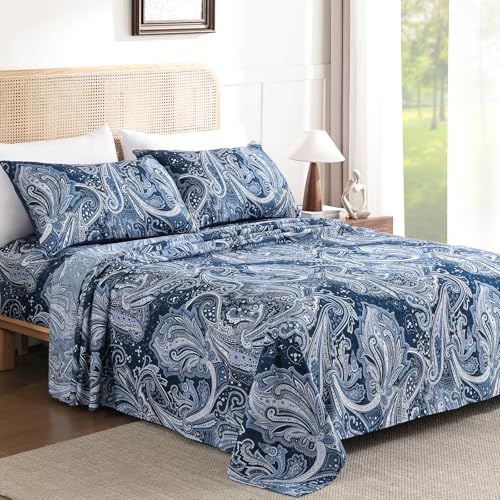 Paisley Sheet Set Queen, 4 Piece Paisley Pattern Navy Blue Bed Sheet Set, Soft Microfiber 14 Inch Deep Pocket Vintage Bed Sheets - 1 Fitted Sheet, 1 Flat Sheet, 2 Pillowcases (Navy)