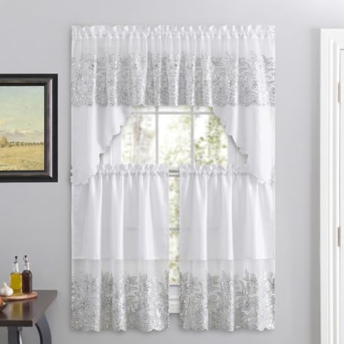 American Linen 3-Piece Sequin Embroidered Caf?? Curtain Set - 3-piece curtain set with matching valance and tiers. Floral embroidery, sequin accents, semi-sheer light-filtering fabric.