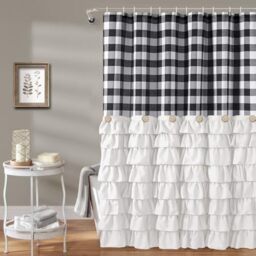 Seasonwood Grey Farmhouse Shower Curtain Set with 12 Hooks 72 X 72inch Gray and White Buffalo Plaid Pattern Fabric Shower Curtains with Buttons & White Ruffles for Bathroom Bathtubs Decor Accessory