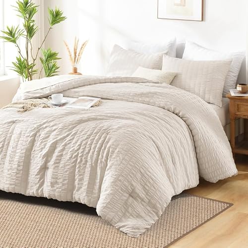 AveLom Beige Seersucker Twin Comforter Set (68x90 inches), 2 Pieces-100% Soft Washed Microfiber Lightweight Comforter with 2 Pillowcases, All Season Down Alternative Comforter Set for Bedding