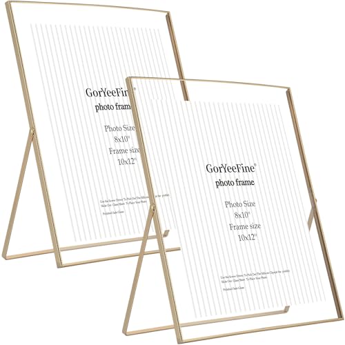 GorYeeFine Gold 10x12'' Floating Frame 2pack For Photo Sizes(8.5x11'',8x10'',7x9''),Beautiful Metal Beaded Edge 8x10'' floating picture Frames, Adjustable Tabletop/Shelf Photo Frame