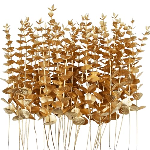 TGANNYOCR 36 Pcs Gold Artificial Eucalyptus Stems 15'' Faux Eucalyptus Leaves Decor Fake Greenery Branches for Xmas branchs Decor Wedding Bouquet Centerpiece Flower Floral Arrangement Home Decoration