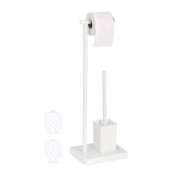 Relaxdays WC Set, HxWxD: 66.5 x 23 x 18 cm, Free-standing Toilet Roll & Brush Holder, Stainless Steel, White