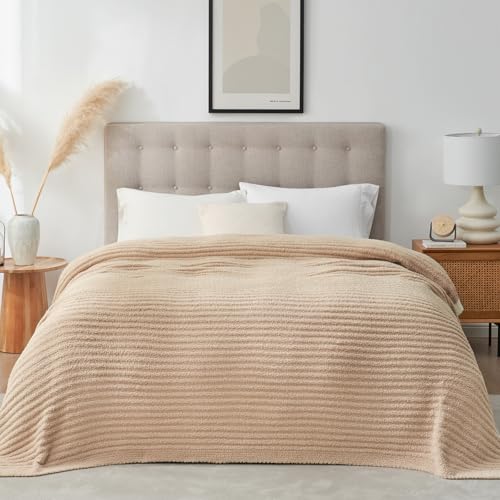 Snuggle Sac Queen Size Blanket for Bed, Soft Luxurious Bedding Blankets, Large Fuzzy Plush Microfiber Blankets, Beige, 90x90 inches