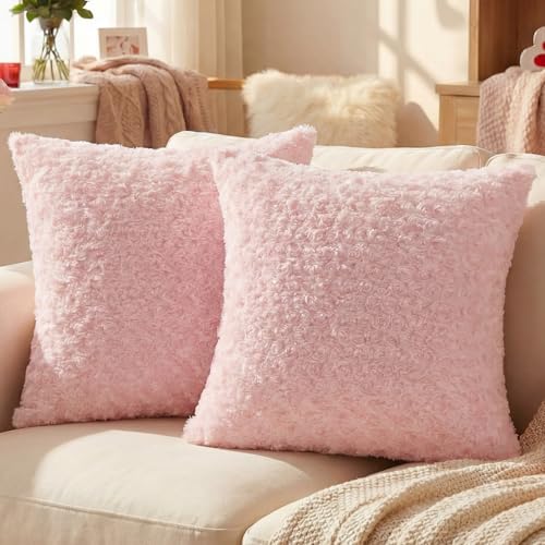FUTEI Pink Decorative Throw Pillow Covers 20x20 Inch Set of 2,Soft Solid Rose Textured Cushion Case,Modern Home Decor for Couch Living Room
