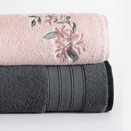 Foutastic 4-Piece Towel Set, 100% Cotton, Anthracite & Pink, 2 Bath Towels (90 x 150 cm) and 2 Hand Towels (50 x 90 cm), Machine Washable