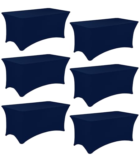 JALANCY 6 Pack 6FT Spandex Table Covers Washable Wrinkle Resistant Fitted Rectangle Tablecloth for Folding Table Wedding Party Birthday Banquet Bar Events???Navy Blue???