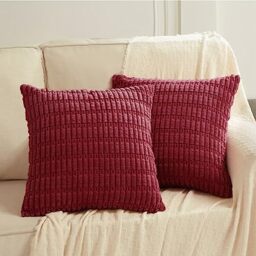 Fancy Homi 2 Packs Christmas Wine Red Decorative Throw Pillow Covers 18x18 Inch for Living Room Couch Bed Sofa, Modern Farmhouse Boho Home Decor, Soft Corduroy Burgundy Square Cushion Case 45x45 cm