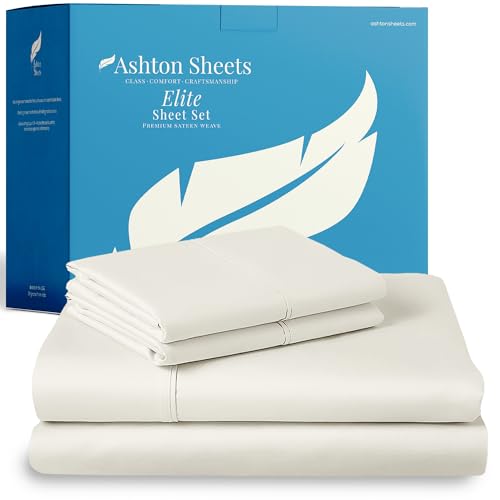 "Ashton Sheets 100% Egyptian Cotton Sheets King Size - 800 Series Elite Collection Egyptian Cotton Bed Sheet Set (4 PC, Ivory), Soft, Cooling, 16"" Deep Pocket Sateen Weave Luxury Hotel Bedsheet"
