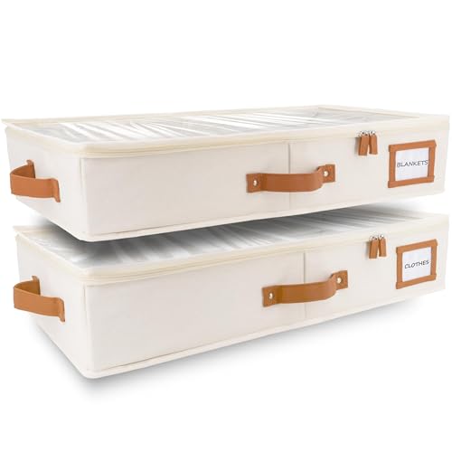 Under Bed Storage Boxes 2 Pack - 59??31??12 cm - Underbed Storage Box for Clothes Shoes Blankets - Shoe Storage Organiser with Lid and Handles - Foldable Storage Boxes for Bedroom Under Bed Organization