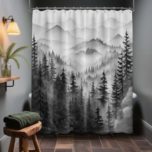 QGHOT Mountain Shower Curtain Forest, Black and White Nature Shower Curtains for Mens Bathroom Decor Grey Rustic Woodland Pine Tree Cool Bath Curtain Set, Waterproof Fabric with Hooks 70x72in