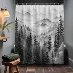 QGHOT Mountain Shower Curtain Forest, Black and White Nature Shower Curtains for Mens Bathroom Decor Grey Rustic Woodland Pine Tree Cool Bath Curtain Set, Waterproof Fabric with Hooks 70x72in
