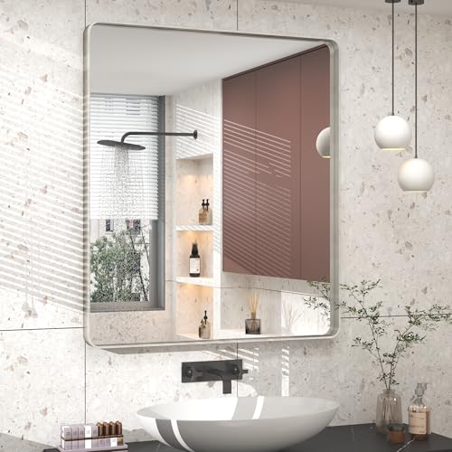 CHARMOR 30x36 Brushed Silver Bathroom Mirror, Rounded Rectangle Silver Metal Frame Vanity Mirror for Wall, Brushed Nickel, Anti-Rust, Shatterproof (Horizontal/Vertical)