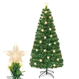GYMAX 5 FT/6 FT Fiber Optic Artificial Christmas Tree, Pre-lit Xmas Tree with 180/230 Branch Tips, 21/30 Warm White Star Lights and 8 Lighting Modes, Holiday Decor Tree for Home Office Holiday (6FT)