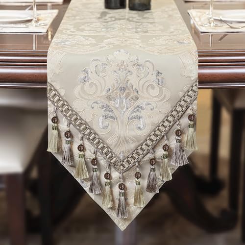Loom and Mill Luxury Table Runner 90 Inches Long, Floral Jacquard Damask Dining Table Runner with Multi-Tassels for Dining Room Dresser Party Banquet Holiday Decorations(Light Apricot, 13*90 inch)