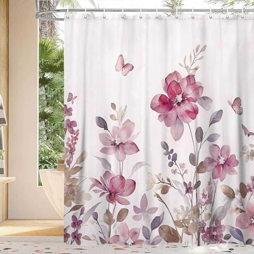 YDIDIAN Lavender Pink Floral Shower Curtain, Lavender Pink Floral Butterfly Boho Shower Curtains for Bathroom, Farmhous Flower Cute Fabric Shower Curtain Set with 12PCS Hooks, 70X70IN