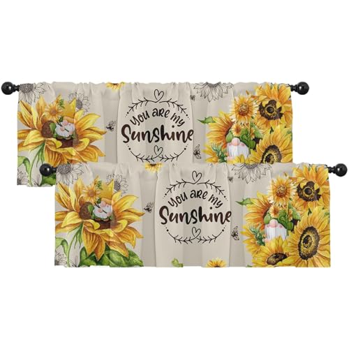 Emvency 2 Pack Valances Window Treatments, Sunflowers Gnomes Vintage Summer Blackout Adjustable for Living Room Bathroom Bedroom Kitchen Over Sink, 18x52 Inch Rod Pocket Valances