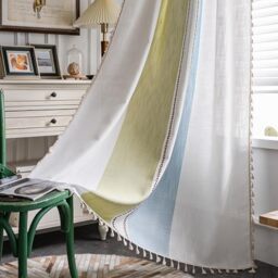 "Sutuo Home Boho Curtains 84 inch for Bedroom Living Room, Semi Blackout Linen Farmhouse Tassels Window Treatment Bohemian Embroidery Drape, Rod Pocket 1 Panel 52"" W x 84"" L, Green Blue Striped Linen"