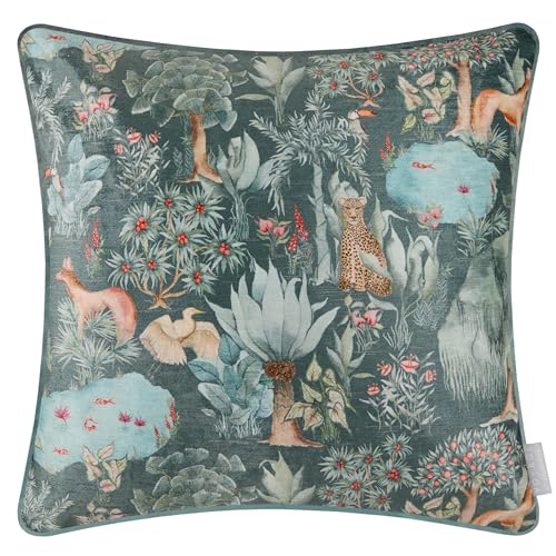 Voyage Maison Jungle Serene Feather Filled Cushion – Exotic Watercolour Jungle Printed Cotton Piped Trim Botanical Decor (Ocean - 50x50cm)