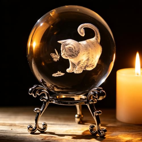 Cat Lover Gifts - 3D Cute Fat Cat Figurine in Crystal Ball Paperweight With Stand - Laser Engraved Crystal With Butterfly - Decorative Kitten Collectible Snow Globe - 2.36in
