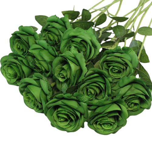 Artificial Green Roses Flowers, 12 Pcs Fake Rose in Bulk, Long Stem Realistic Silk Roses Bouquet for Spring Home Decor, St. Patrick's Day, Party Centerpieces, Flower Arrangement (Dark Green, 12-PCS)
