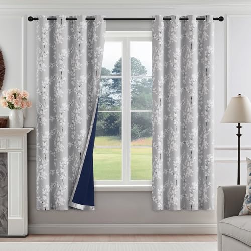 FMFUNCTEX 100% Blackout Floral Curtains for Bedroom, Grey Curtains 63 inch Length Blossom Flower Patterned for Living Room,Thermal Insulated Drapes Farmhouse, Grommet Top 2 Panels (White on Grey)