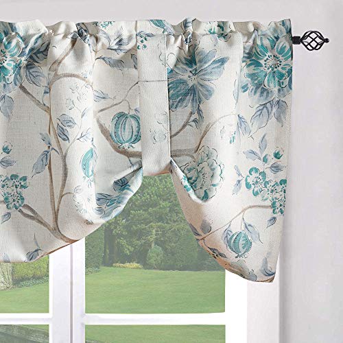 Leeva Tie-up Kitchen Valance Curtain, Soft Blue Floral Linen Blend Rod Pocket Window Treatment, 52 x 18