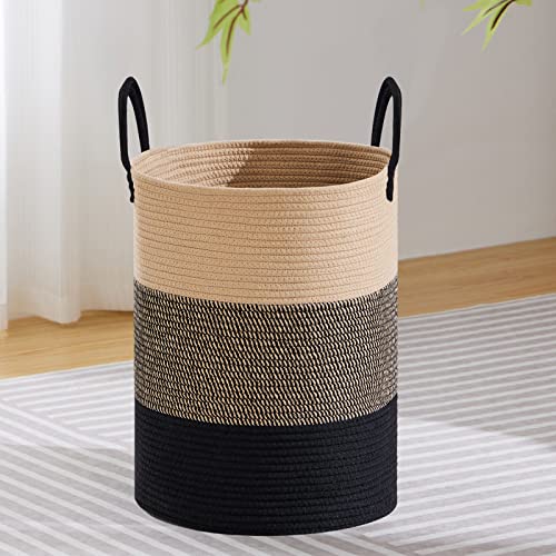 VIPOSCO Large Laundry Hamper, Tall Woven Rope Storage Basket for Blanket, Toys, Dirty Clothes in Living Room, Bathroom, Bedroom - 58L Brown & Black
