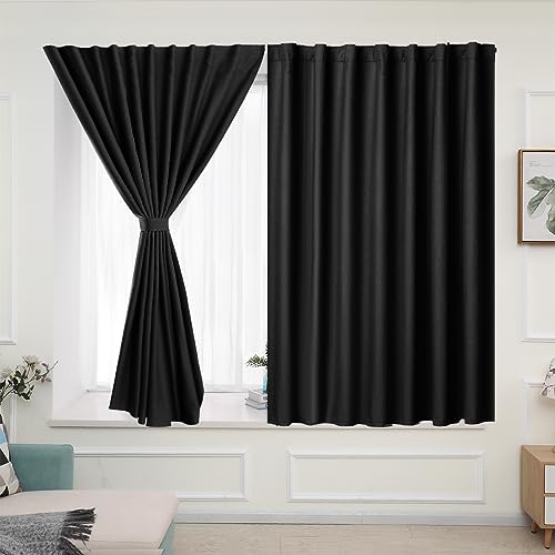 "Muamar No Drill Blackout Curtain, Easy Install Window Curtain Panels, Portable Bedroom Curtains 2 Panel Sets, Light Blocking Shades for Window (Black, 29"" W x 36"" L)"
